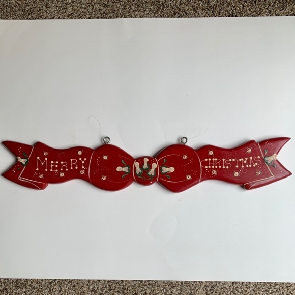 Red Merry Christmas Hanging Wood Sign Wall Plaque Ribbon Bow Hand Painted 24” - Picture 10 of 16